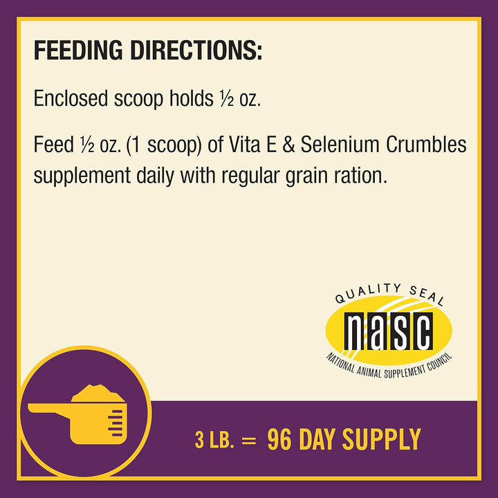 Vita E & Selenium Crumbles Horse Vitamin Supplement, Supports Optimal Muscle Health & Antioxidant Support, 3 Lbs., 96 Day Supply