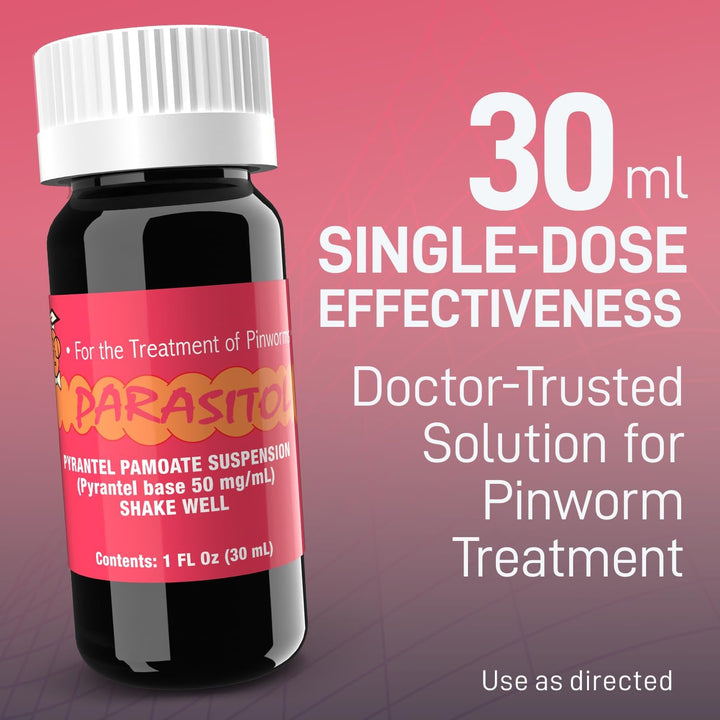 PARASITOL Pinworm Medicine for Family | Effective Deworming Formula with Pyrantel Pamoate, Quick Relief for All Ages, Easy Liquid Form, Safe & Gentle, Human Dewormer for All Parasites, 1 Fl Oz, 1-Pack