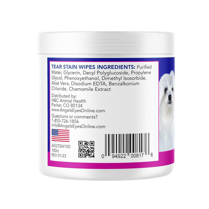 Gentle Tear Stain & Pet Eye Wipes for All Dogs & Cats Textured Grooming Wipes Remove Discharge & Mucus, Reduce Tear Stains, Hypoallergenic with Aloe & Chamomile, 100Ct