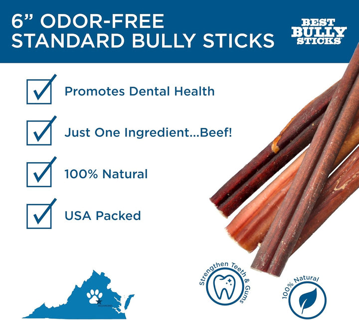 6 Inch Odor-Free Bully Sticks - 20 Count (Pack of 1) - Bulk Bag, Odorless Natural Grass-Fed Beef, Easily Digestible, No Grain or Rawhide, Ideal for Big Breeds