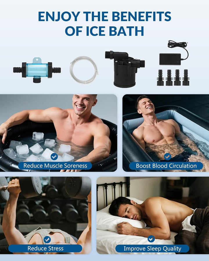 Ice Bath Accessories Kit, Cold Plunge Kit with 317GPH External Pump, Filter, 1/2” to 0.71" Connector, Hose, Compatible 500L 300L Aquarium Chiller & Inflatable Cold Plunge Tub