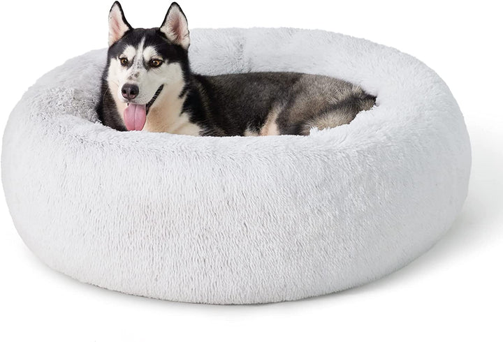 Calming Dog Bed Medium Size Dog - Donut Washable Medium Pet Bed, 30 Inches Anti-Slip round Fluffy Plush Faux Fur Cat Bed, Fits up to 45 Lbs Pets, Camel