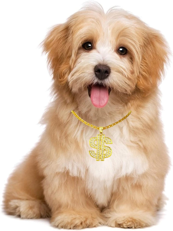 Gold Chain Dog Collar Adjustable Cuban Link Dog Necklace with Crystal Dollar Sign Pendant Cute Fashion Pet Jewelry Chain Puppy Cat Costume Outfits Accessories with Extender Chain