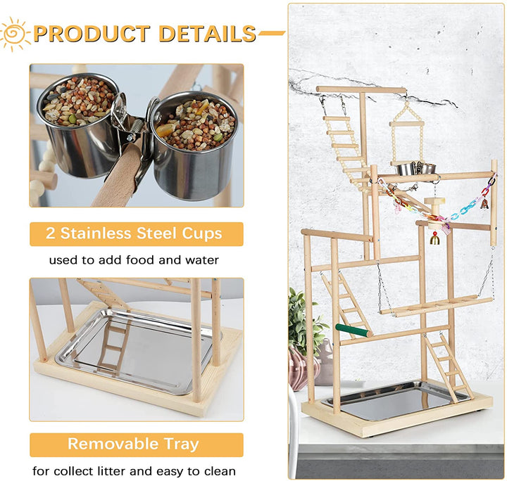 Pet Parrot Playstand Parrots Bird Playground Bird Play Stand Wood Perch Gym Playpen Ladder with Feeder Cups Bells for Cockatiel Parakeet (4 Layers)