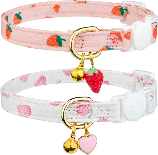 2 Pack Cotton Breakaway Cat Collar Pink Strawberries and White Heart Shaped Pendant Cute Kitten Cat Collar with Bell
