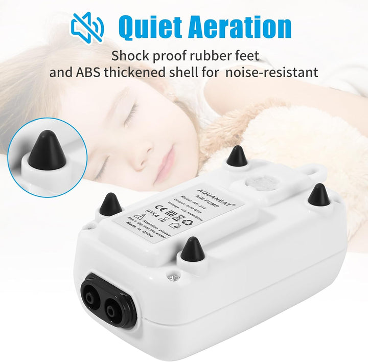 Aquarium Air Pump, Fish Tank Air Bubbler, Adjustable Dual-Outlet Hydroponic Oxygen Aerator with Air Stones, Airline Tubing, Check Valves