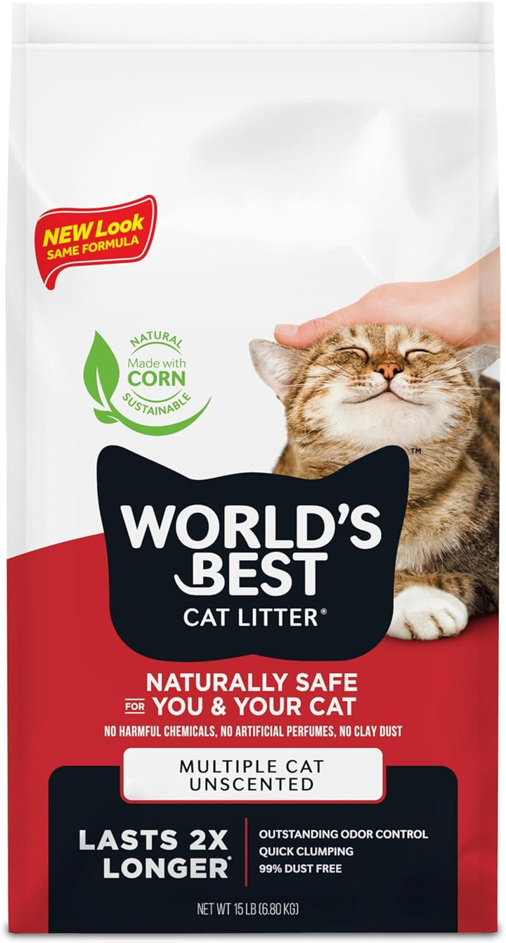 Multiple Cat Unscented, 15-Pounds - Natural Ingredients, Quick Clumping, Flushable, 99% Dust Free & Made in USA - Long-Lasting Odor Control & Easy Scooping