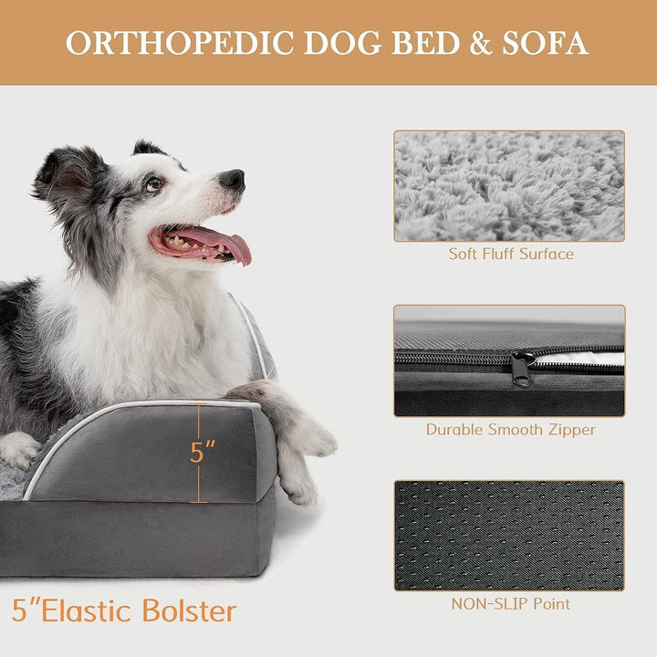 Orthopedic Dog Bed for Extra Large Dogs 42X30 Inch, Waterproof Supportive Egg Crate Foam XL Pet Bed with Removable Bolsters, Dog Couch with Washable Cover & Non-Slip Bottom, Grey