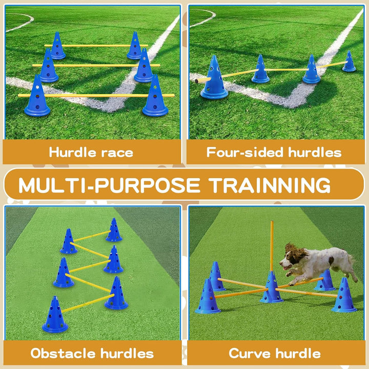 Dog Agility Hurdle Cone Set Dog Agility Course Backyard Set Include 12 Agility Cones 6 Agility Rods Agility Training Equipment Height Adjustable Obstacle with Storage Bag Blue