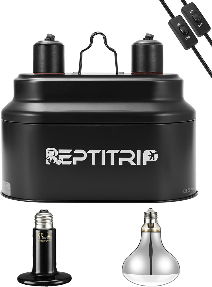 Dual Reptile Light Fixture with Switches, Reptile Heat Lamp Fixture, Reptiles Terrarium UVB Bulb Fixture for Bearded Dragon, Max 160W Each (Bulb Not Included)