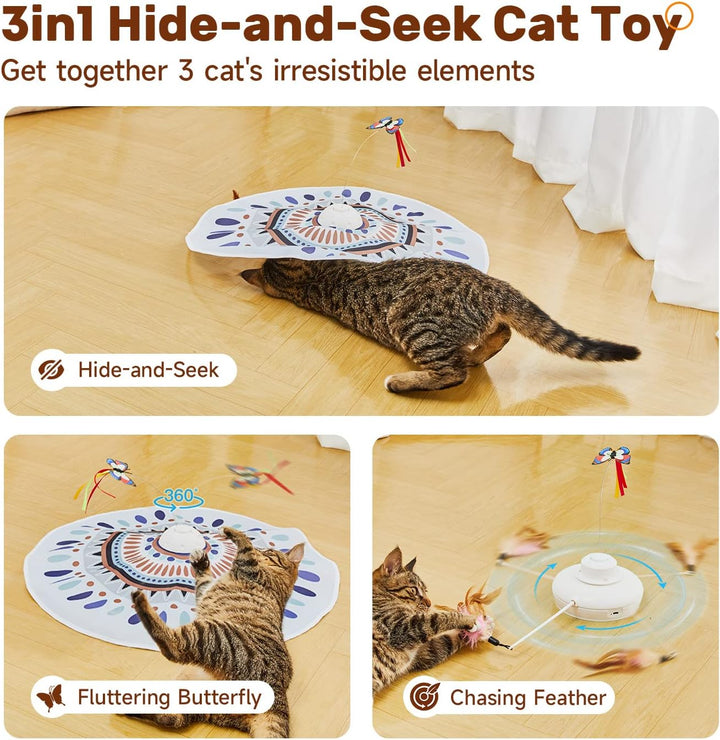 Cat Toys Chargeable, 3In1 Hide and Seek for Kittens, Interactive Automatic Play, Fluttering Butterfly, Moving Wand Feather, Indoor Kitty Exercise 22.8 Inch Cover for All Breeds