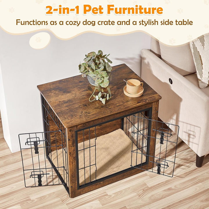 27.5'' Dog Crate Furniture with Cushion Wooden Dog Crate with Double Doors/Adjustable Feet Side End Table for Small/Medium Dogs, 27.5" L X 20" W X 24" H