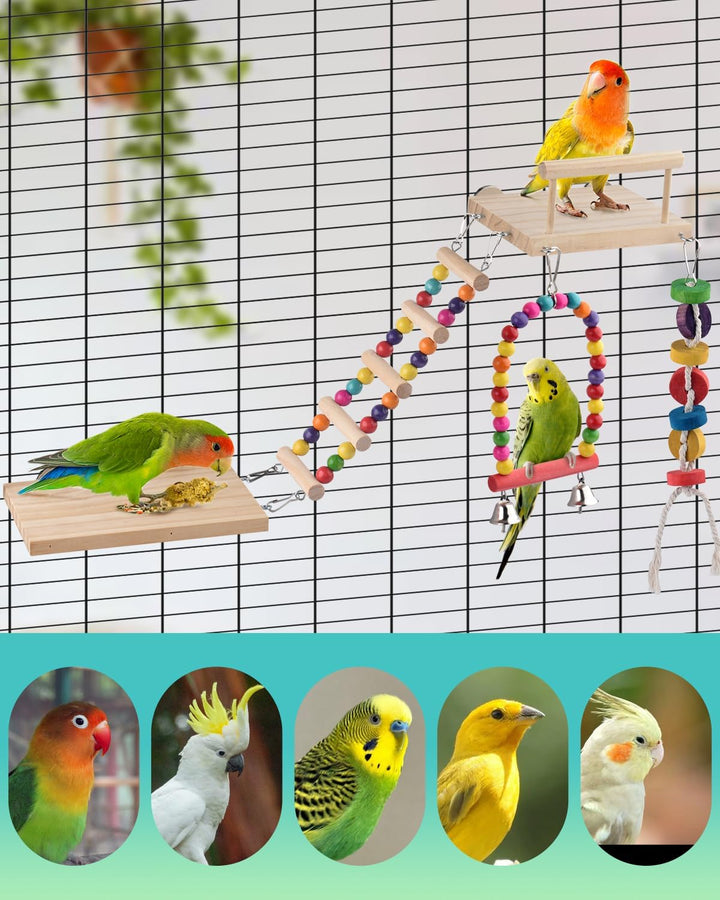 5In1 Bird Parakeet Toys, Detachable Birdie Perches Platform Swing with Climbing Ladder, Parrot Cage Stand Accessories, Wooden Playing Gyms for Conure Cockatiel Lovebird Finch Budgerigar Pigeon