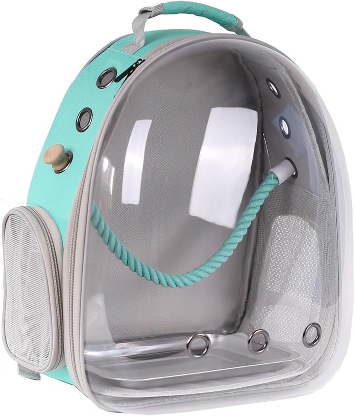 Bird Traval Carrier Cage, Clear Space Capsule Astronaut Backpack to Carry Parakeet Cockatiel Parrot with Metal Tray Wood Perch, Vet Transport School Bag