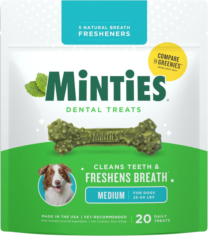 Dental Chews for Dogs, 60 Count, Vet-Recommended Mint-Flavored Treats for Medium Dogs 25-50 Lbs, Bones Clean Teeth, Fight Bad Breath, and Removes Plaque and Tartar