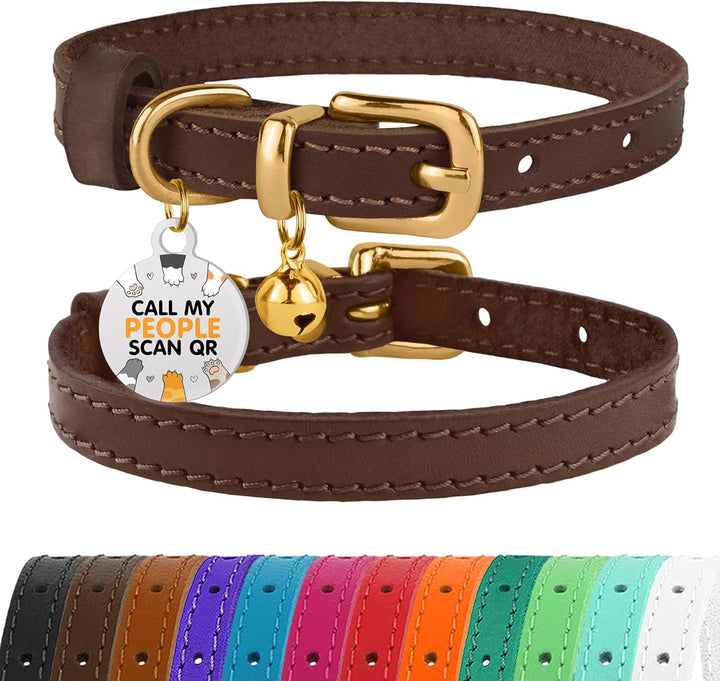 Leather Cat Collar with Removable Bells Non Breakaway Kitten QR Tag for Girl Boy (7" - 9" for Cats, Black & Gold)