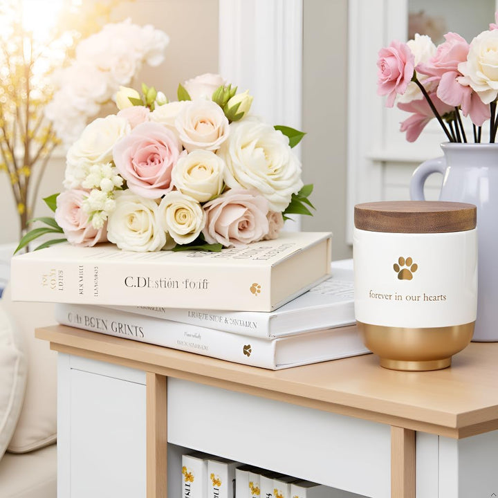 Pet Ceramic Forever in Our Hearts Urn, Pet Memorial, Dog or Cat Keepsake Urn, Rainbow Bridge, Gold