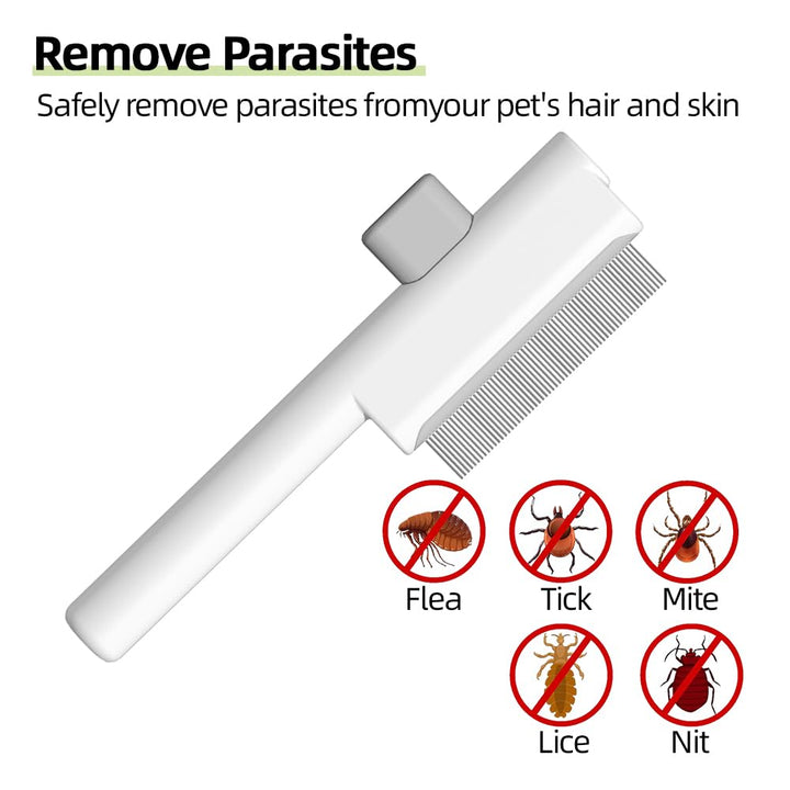 2Pcs Pet Comb Flea Comb Set for Cats Dogs, Cat Grooming Brush with Release Button and Stainless Steel round Teeth, Self-Cleaning Dog Combs for Removing Pet Hair, Knots & Loose Fur, White