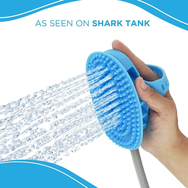 5-In-1 Horse & Dog Bath Brush & Curry Comb - XL Blue Silicone - Includes 3-Ft Shower Hose Attachment & Adapter - Adjustable Spray Scrub Massager - Dog Grooming Supplies