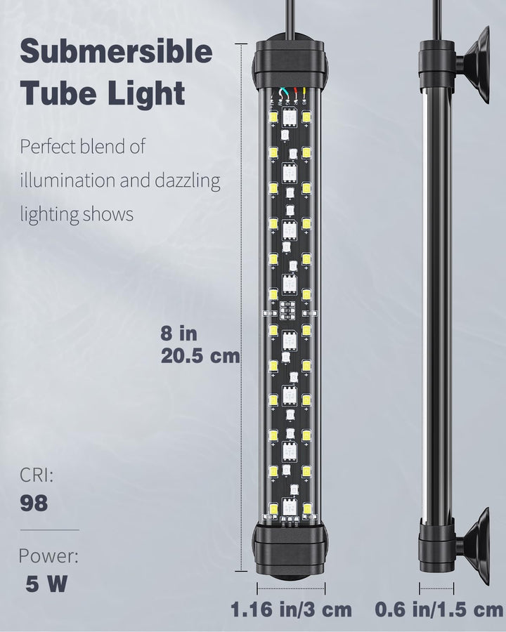 5 W Aquarium LED Light 8 Inch 24/7 Fish Tank Light with Full Spectrum Brilliant White Blue Red Green Lights Multi-Colored Leds with D/N Mode Single Color Effects Timer and Adjustable Brightness