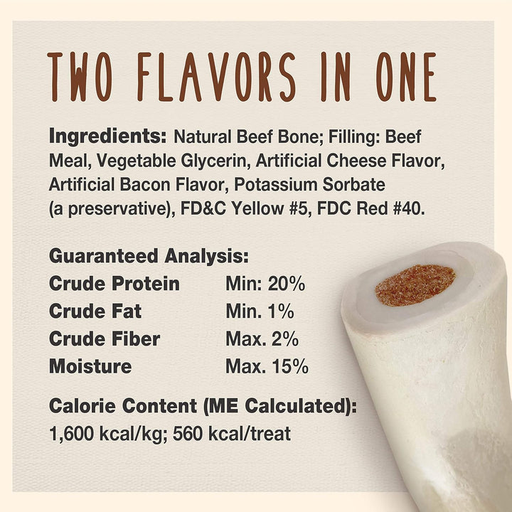 Stuffed Shin Bone, Long-Lasting Dog Chew Bones for Aggressive Chewers, High Protein Filled Bone Dental Chew for Dogs, Bacon & Cheese Flavor Filling, 5-6" for Large Dogs