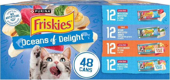 Purina  Wet Cat Food Variety Pack, Oceans of Delight Flaked and Prime Filets - (Pack of 40) 5.5 Oz. Cans