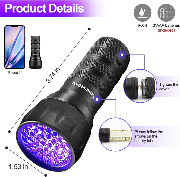 Black Light UV Light Flashlight, 21 LED 395Nm Ultraviolet Blacklight Flashlight Mini Pet Urine Detector for Dog/Cat, Dry Stains, Resin Curing, Matching with Pet Odor Eliminator(Batteries Are Included)