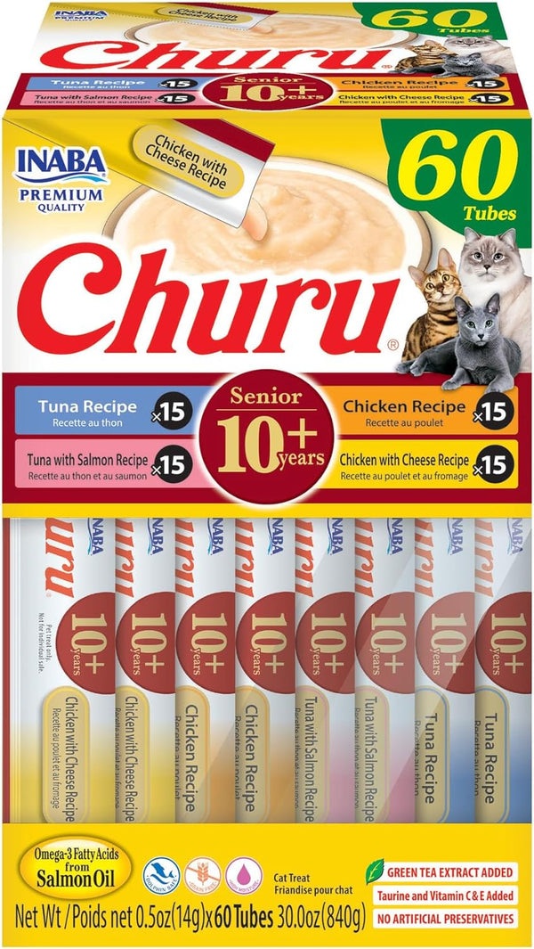 Churu for Senior 10+, Creamy Lickable Cat Treats with Taurine, Vitamin E & C, 0.5 Ounces Each, 60 Tubes, Tuna & Chicken Variety