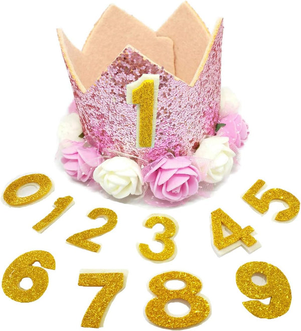 Pink Crown Dog Birthday Party Hat for Girls Reusable Birthday Party Cat Kitten Headband with 0-9 Figures Charms Grooming Accessories with Glue Pack of 1