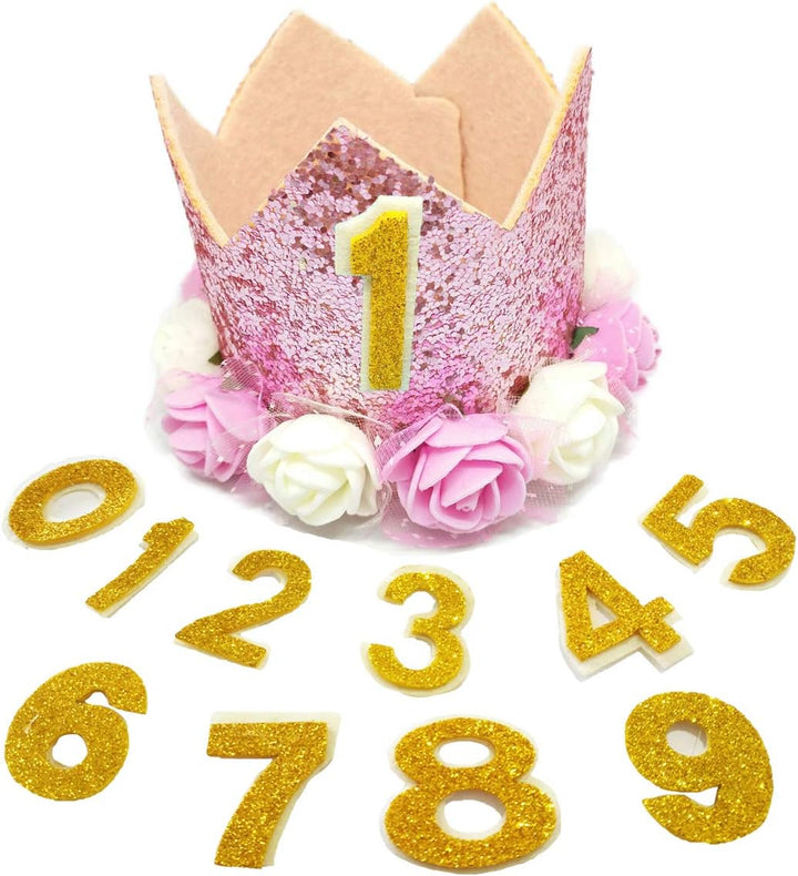 Pink Crown Dog Birthday Party Hat for Girls Reusable Birthday Party Cat Kitten Headband with 0-9 Figures Charms Grooming Accessories with Glue Pack of 1