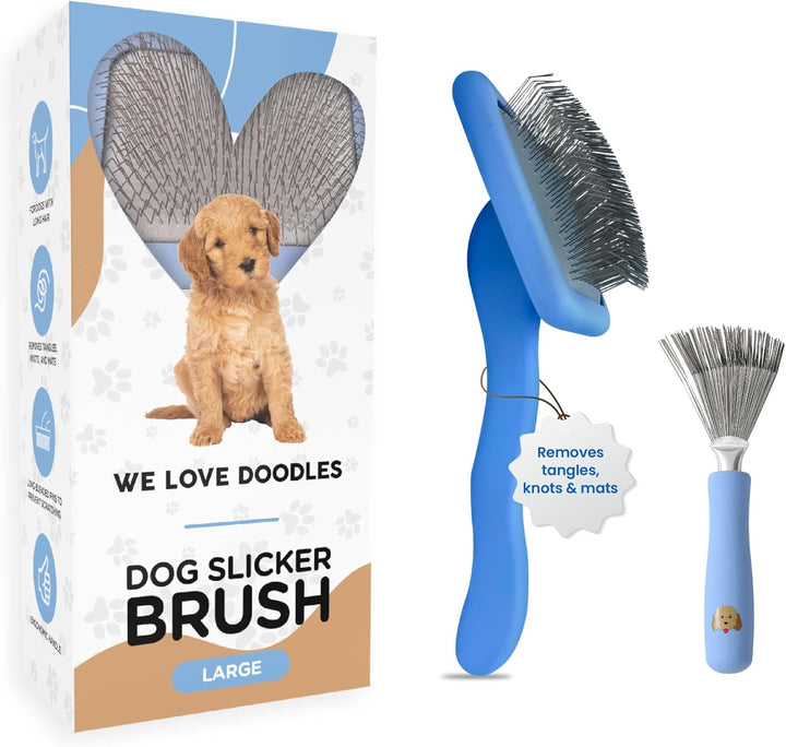 Slicker Brush for Dogs, Dog Grooming Supplies - Best Doodle & Poodle Brush for Long Haired Dogs - Goldendoodle Long Pin Detangler for Dematting (Large Curved)