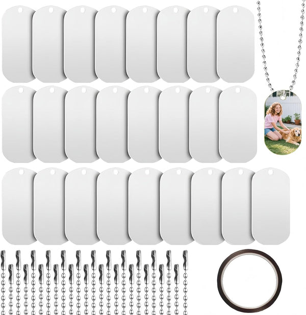 Sublimation Blank Dog Tags Sets，25 Packs Sublimation Necklace Blank Metal Sublimation Tag and Chain for DIY Decorative Craft Pet