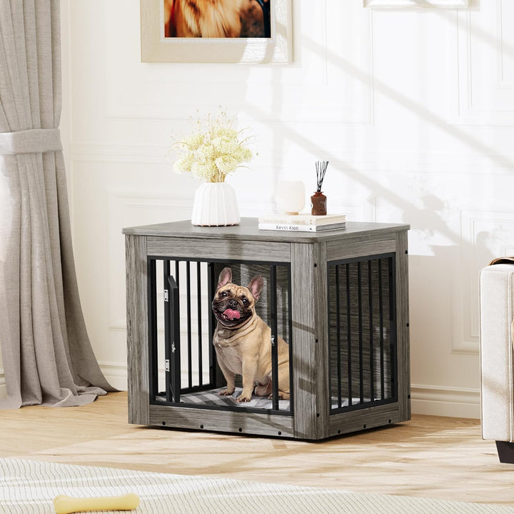 Dog Crate Furniture for Medium Dogs, Side End Table, Modern Dogs Kennel Indoor up to 35 Lb, 2-In-1 Iron-Wood Fusion Dog Cage with Waterproof Top, Safety Corners,Steel Lock,30" L,Greige