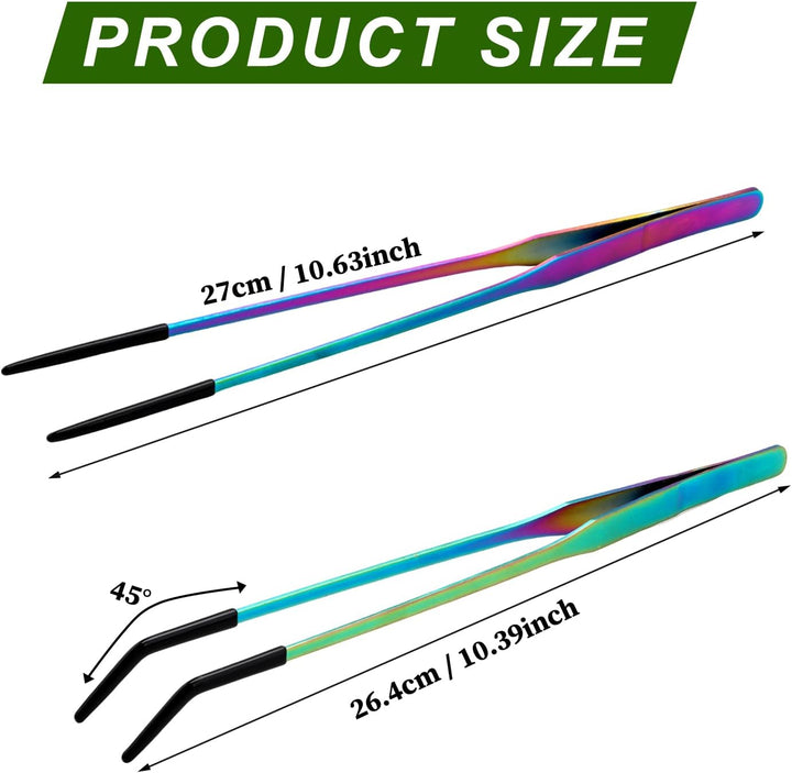Stainless Steel Reptile Feeding Tongs with Rubber Tip - 10.6" Straight & Curved Tweezers for Aquariums & Crafts - Feeder Tools for Bearded Dragons & Lizards - Terrarium Tank Supplies - 2 Pack