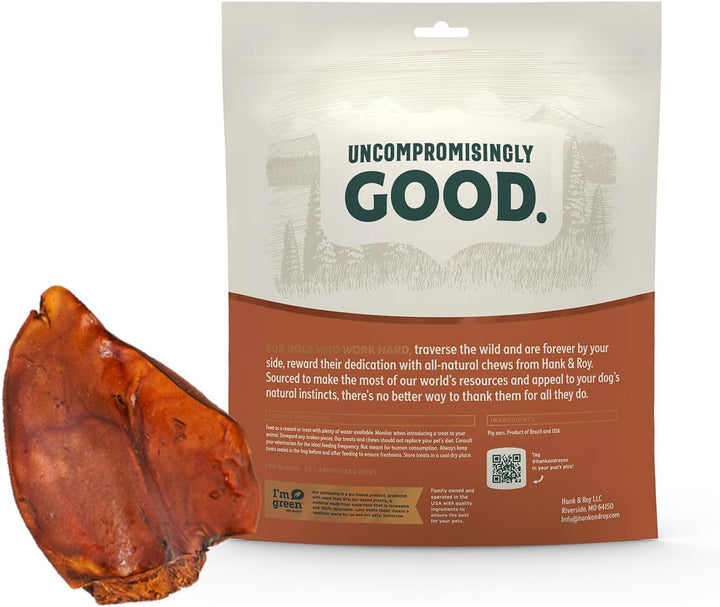 Hank & Roy Pig Ears for Dogs, All-Natural, Single-Ingredient, Long Lasting, Easily Digestible Whole Pig Ear Dog Treats, Antibiotic and Hormone Free, Individually Wrapped for Odor Control and Freshness