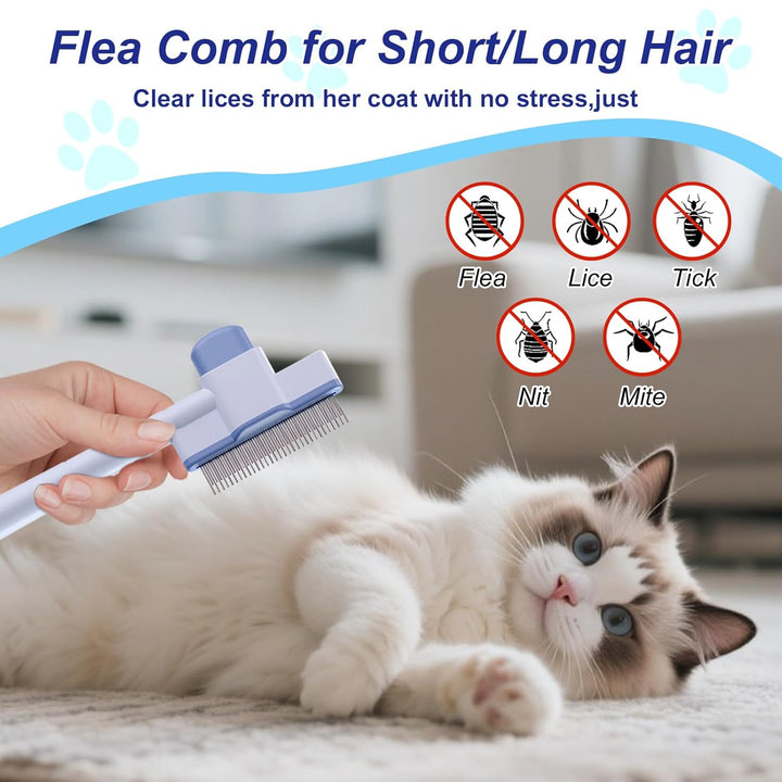 2 Pcs Self-Cleaning Flea Comb for Cats Dogs with Pet Hair Removal Glove – Dual Tooth and Gentle Cat Comb for Long/Short Hair – Ergonomic Zen Brush Cat Grooming/Nit Supplies