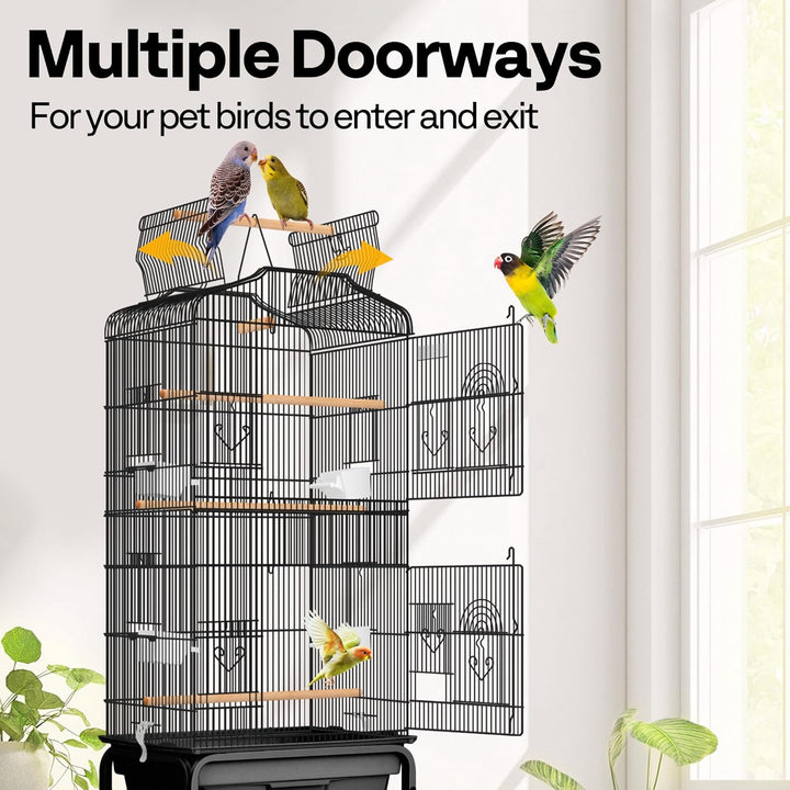 64 Inch Bird Cage with Play Top and Rolling Stand for Parrots Conures Lovebird Cockatiel Parakeets Black