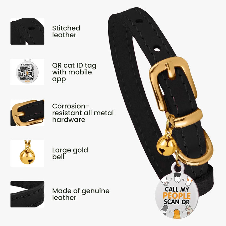 Leather Cat Collar with Removable Bells Non Breakaway Kitten QR Tag for Girl Boy (7" - 9" for Cats, Black & Gold)