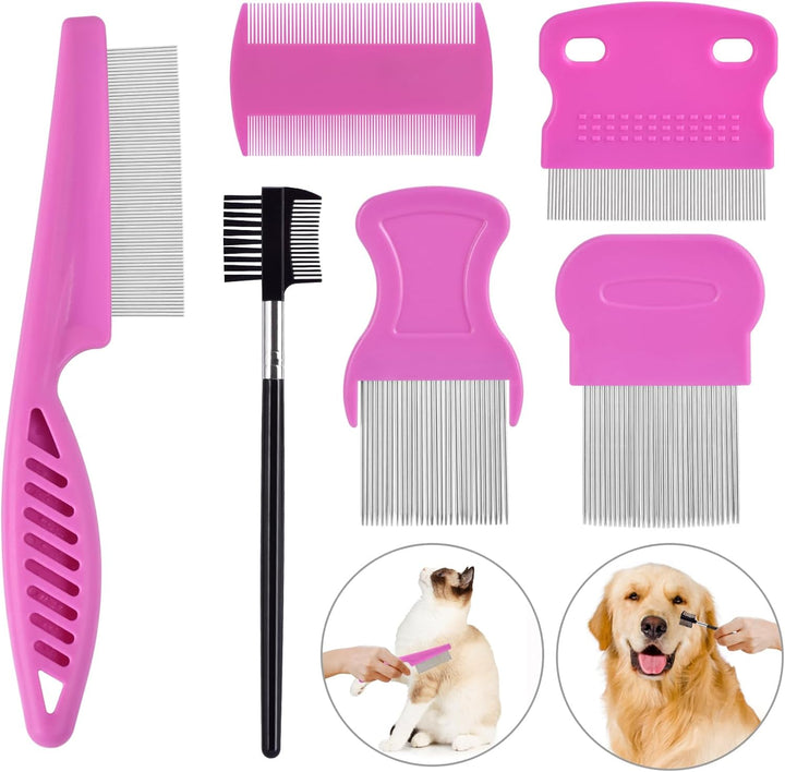 Flea Comb Set for Cats & Dogs - 6 Pack Pet Grooming for Small, Medium & Large Pets (Pink)