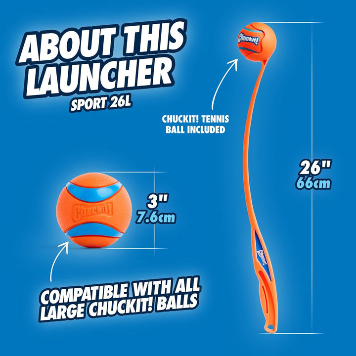 Sport 26L Dog Ball Launcher - Includes a 3-Inch Diameter Large Ball for Dogs 60-100 Pounds - Manual Thrower for Dog Balls with a Slim Ergonomic Handle - 26-Inch Length