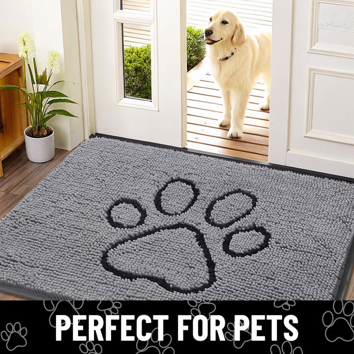 Dog Door Mat for Muddy Paws, Absorbent Dirt Trapper Non Slip Quick Dry Washable Chenille Mat for Mud Dogs, Entry Rug for Indoor and Outdoor (30X20 Inches, Grey)