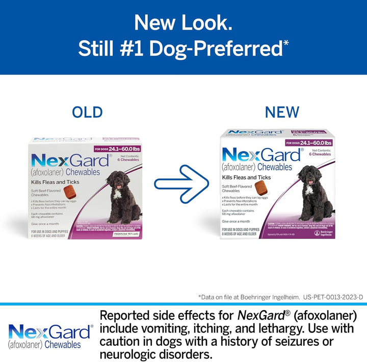 ® (Afoxolaner) Flea and Tick Protection for Dogs Oral Soft Beef Flavored Chewables, 24.1 to 60 Lbs. (Purple Box) 6 Chews (6 Month Supply)