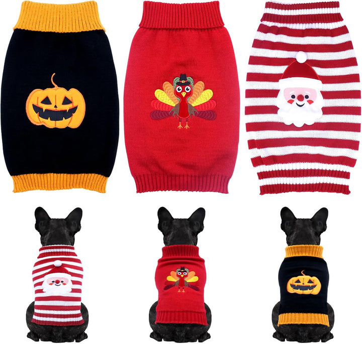 3 Pack Halloween Thanksgiving Christmas Dog Cat Knit Sweater Set - Dog Clothes with Santa Pattern Pumpkin Turkey Pets Costumes-Dog Fall Sweaters for Holiday(M)