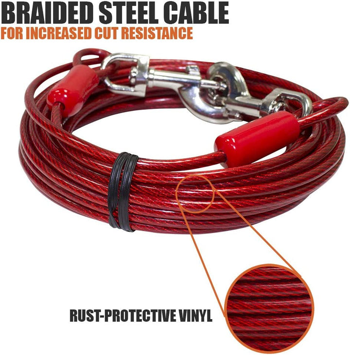 Dog Tie Out Cable 30 Feet - Heavy Duty Dog Lead up to 125 Pounds - Reflective & Rust-Free with Quick Release Swivel Clips & 360° Rotating Clasp - Tangle-Free Dogs Runner for Yard (Red, Single)