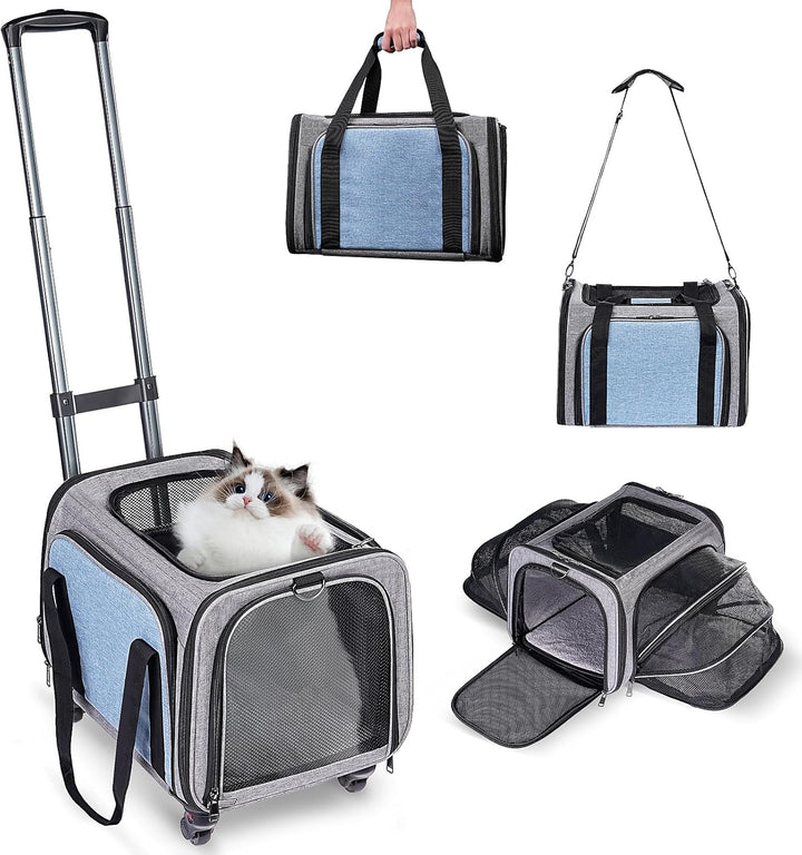 Pet Carrier Airline Approved on Wheels - Two Sided Expandable Cat Soft Carrier for Puppy and Cats under 26Lbs, Rolling Cat Carrier for Airplane, Camping, Outdoor