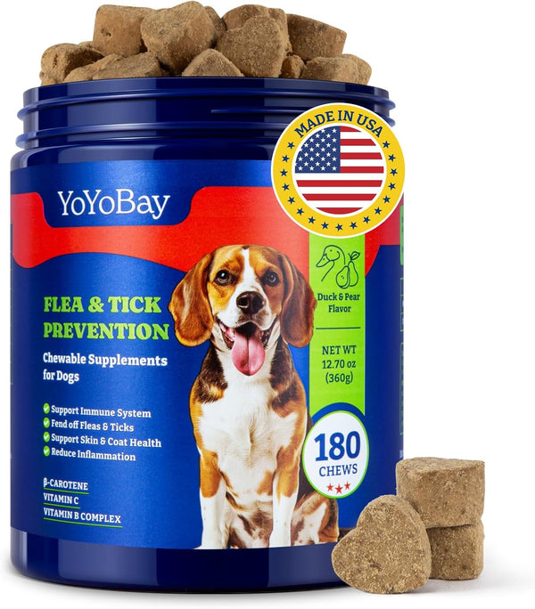 Flea and Tick Prevention for Dogs Chewable - 180 Soft Chews, Duck & Pear Flavor - Dog Flea and Tick Treatment Chewable, Natural Defense- Dog Immune Support Supplement