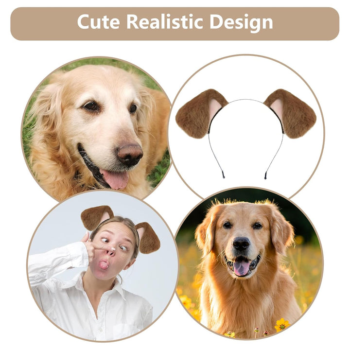 Dog Ears Golden Movable, Realistic Animals Ears Headband Brown, Fluffy Cat Bunny Bear Costume Halloween Christmas for Washing Makeup Cosplay Birthday Party