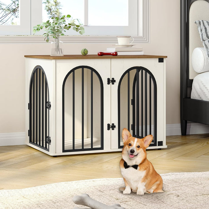 31.5'' Wooden Dog Crate Furniture, Indoor Dog Kennel Dogs Cage for Small/Medium Dogs, Heavy Duty Dog Crates Decorative Pet House End Side Table TV Stand, White Brown DFC85114B