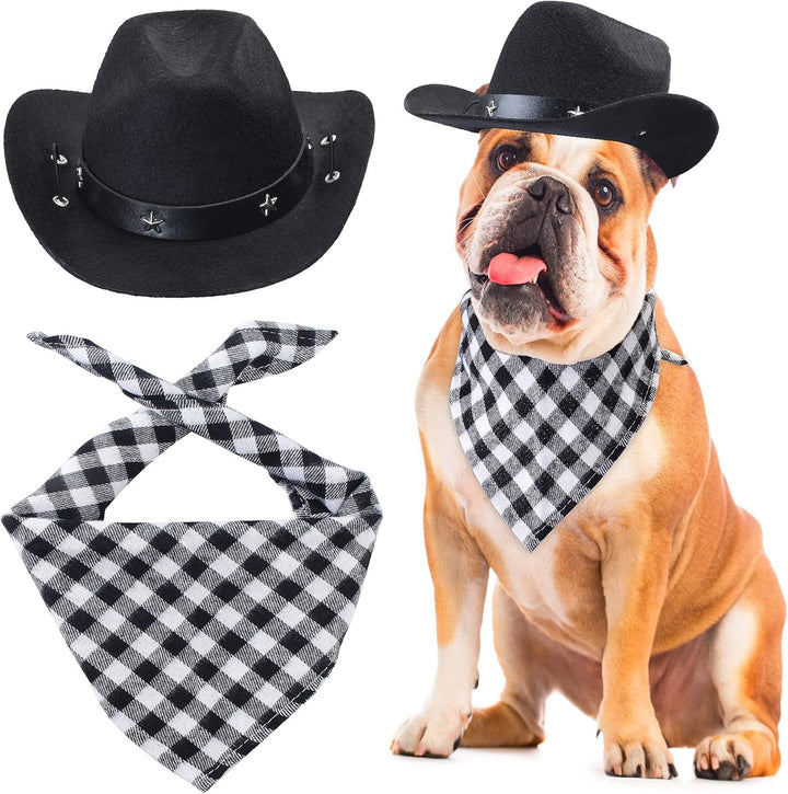 Pet Cowboy Costume Accessories - Dog Cat Pet Size Cowboy Hat and Bandana Scarf West Accessories for Puppy Kitten Party Festival and Daily Wearing Set of 2 (Coffee)