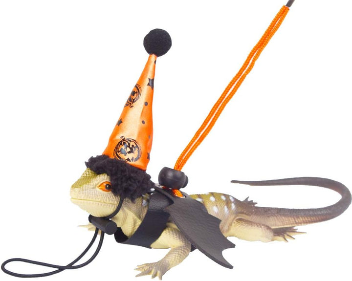 Halloween Bearded Dragon Lizard Leash Harness Hat Set - Reptile Halloween Clothe Pumpkin Hat + 3 Pack Reptile Harness Leash for Bearded Dragon Lizard